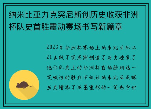 纳米比亚力克突尼斯创历史收获非洲杯队史首胜震动赛场书写新篇章