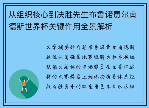 从组织核心到决胜先生布鲁诺费尔南德斯世界杯关键作用全景解析