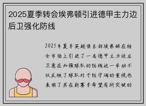 2025夏季转会埃弗顿引进德甲主力边后卫强化防线