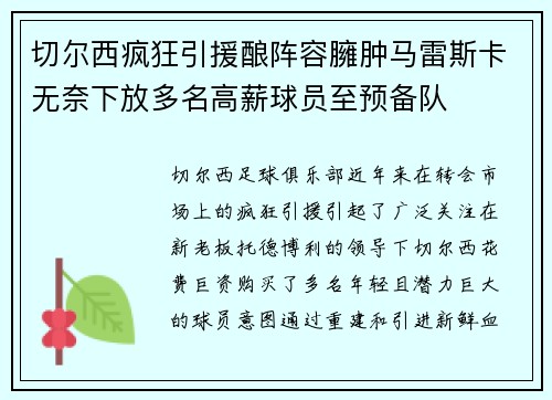 切尔西疯狂引援酿阵容臃肿马雷斯卡无奈下放多名高薪球员至预备队