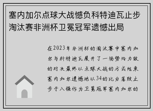 塞内加尔点球大战憾负科特迪瓦止步淘汰赛非洲杯卫冕冠军遗憾出局 塞内加尔点球大战憾负科特迪瓦止步淘汰赛非洲杯卫冕冠军遗憾出局